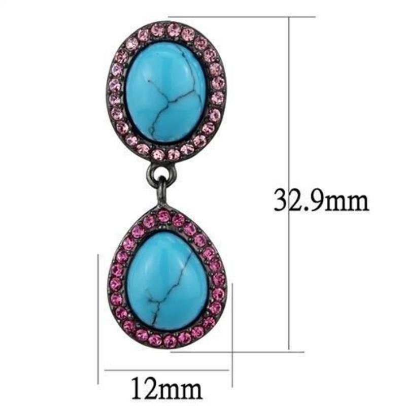 IP Light Black Stainless Steel Earrings with Synthetic Turquoise in Sea Blue