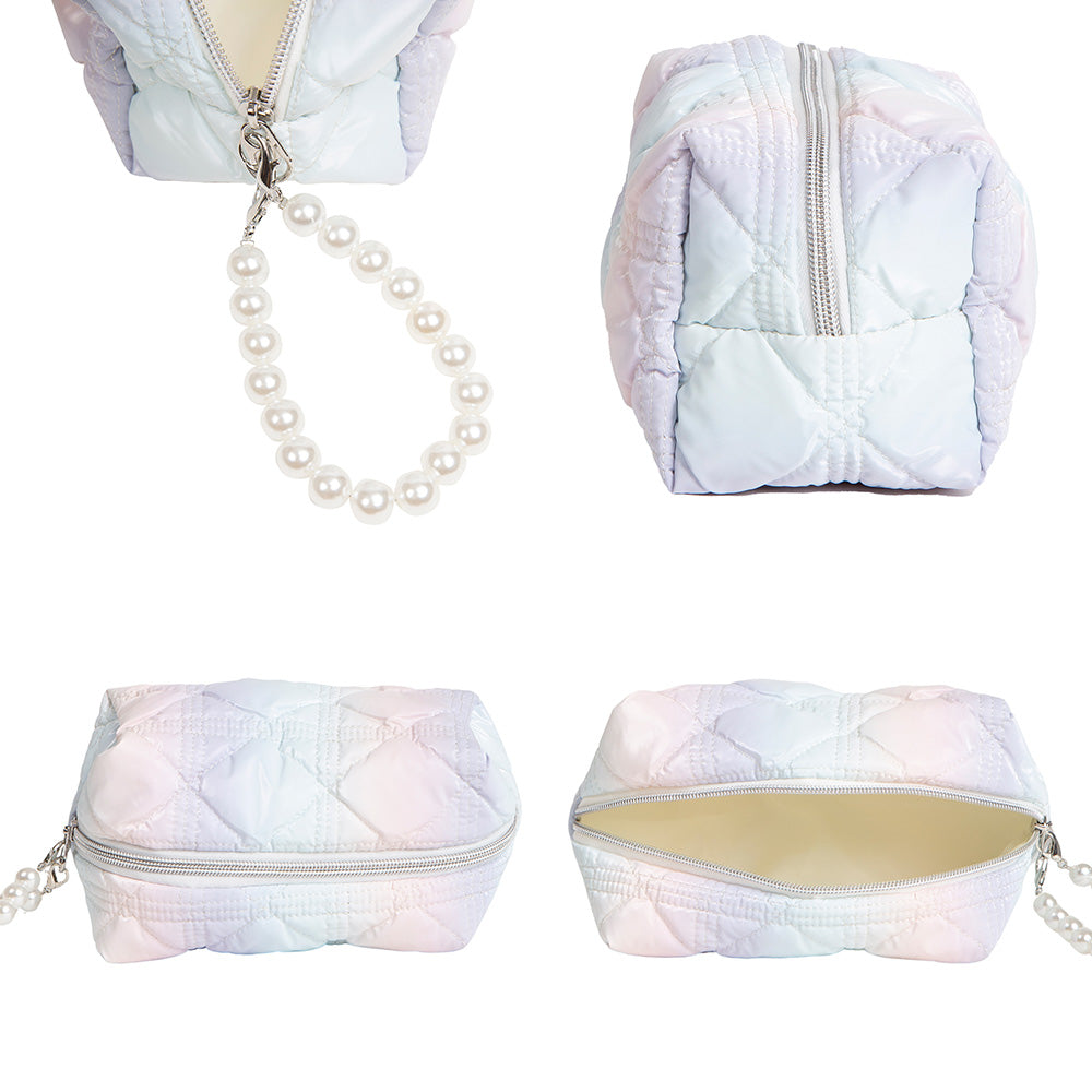 Multicolor Quilted Pearl Wristlet Cosmetic Pouch Bag