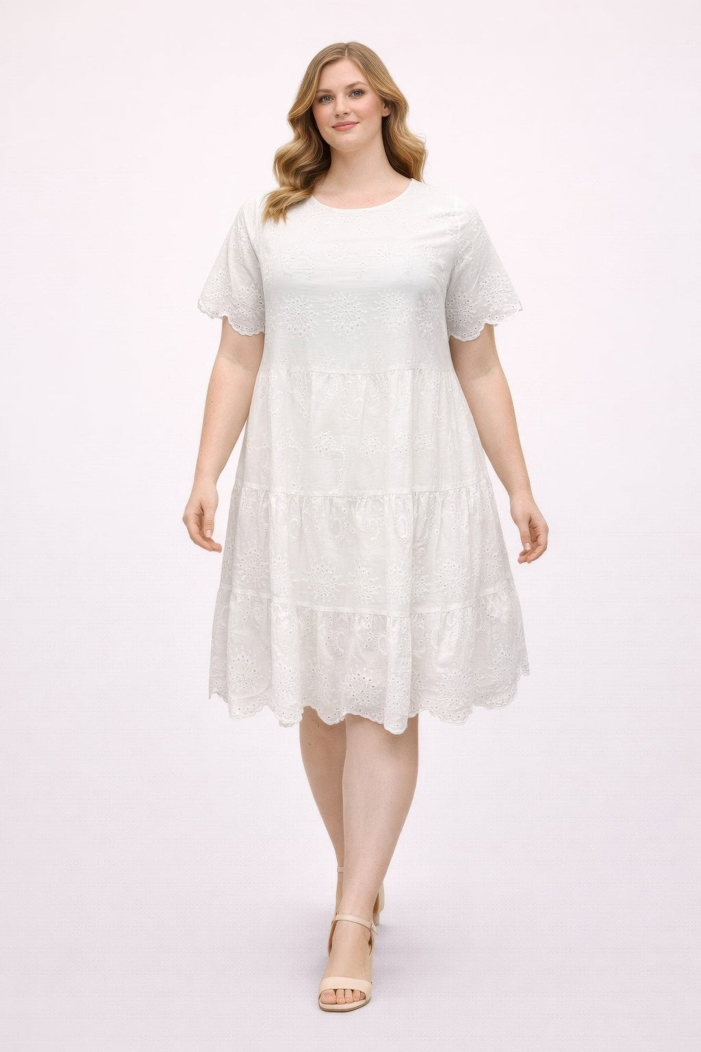 Plus Size White Eyelet Tiered Dress