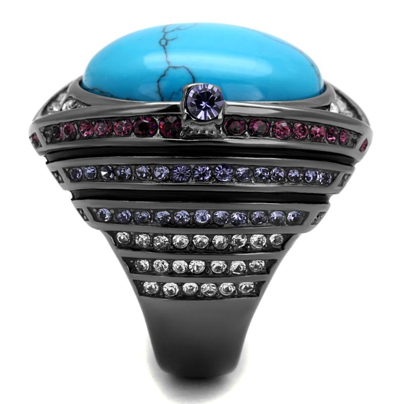 IP Light Black Stainless Steel Ring with Synthetic Turquoise in Sea Blue