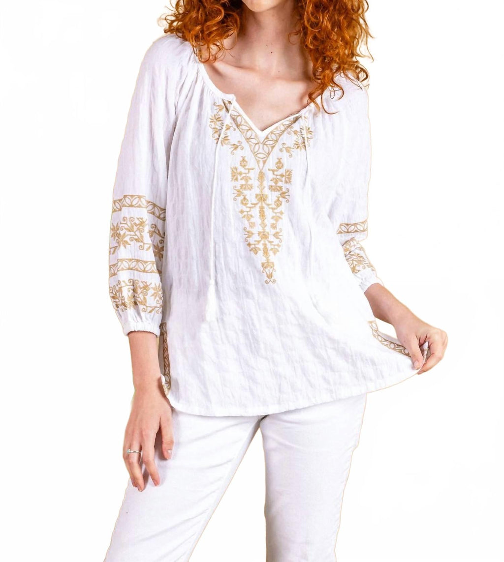 Textured Woven Embroidered Peasant Top In White