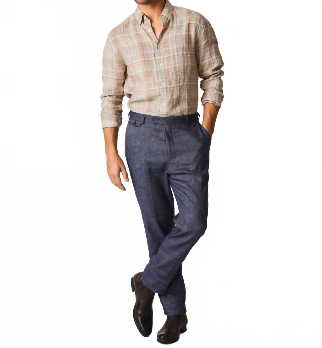 Linen Line Plaid Wilson Shirt In British Khaki/silver