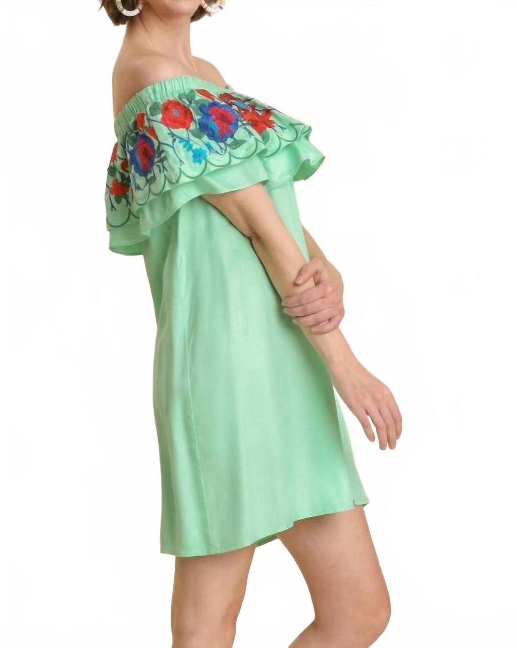Floral Embroidered Ruffled Dress In Mint