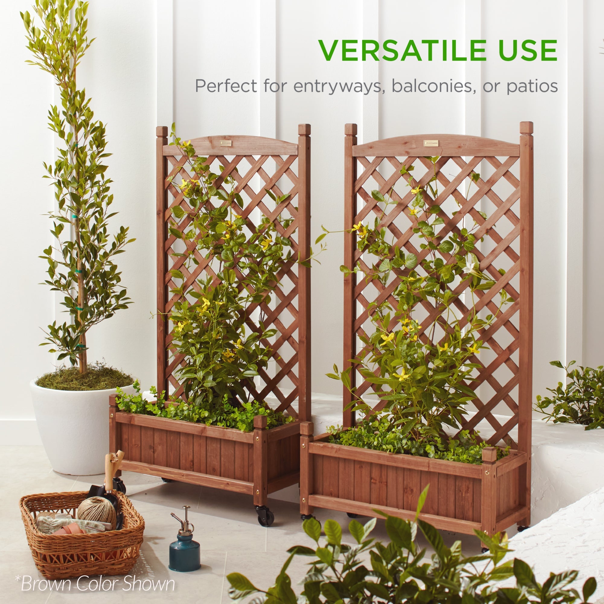 Best Choice Products Set of 2 48in Wood Planter Box & Diamond Lattice Trellis, w/ Drainage, Optional Wheels - Natural
