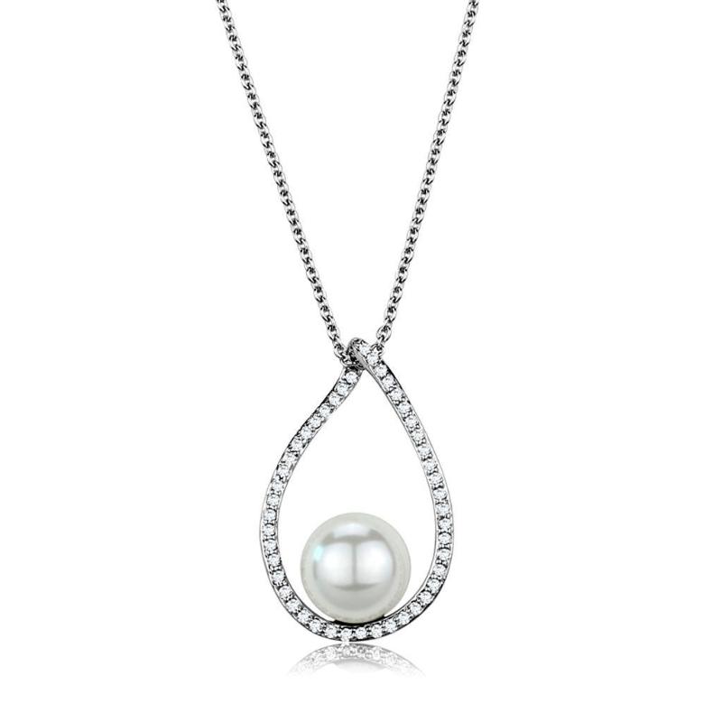 Rhodium Brass Chain Pendant with Synthetic Pearl in White