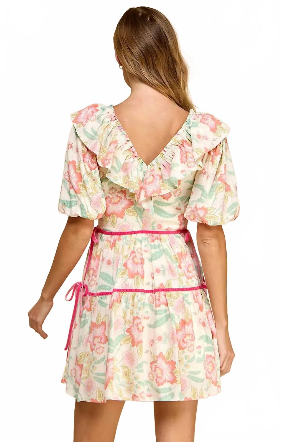 V-Neck Puff Sleeve Floral Dress In Multicoor