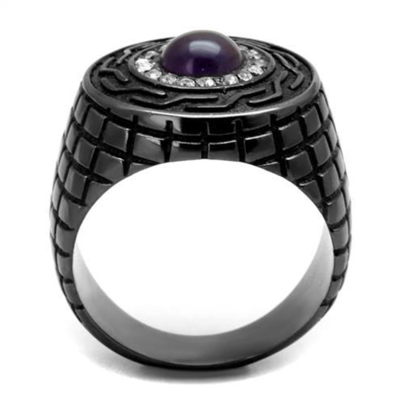 IP Light Black Stainless Steel Ring with Semi-Precious Amethyst Crystal in Amethyst