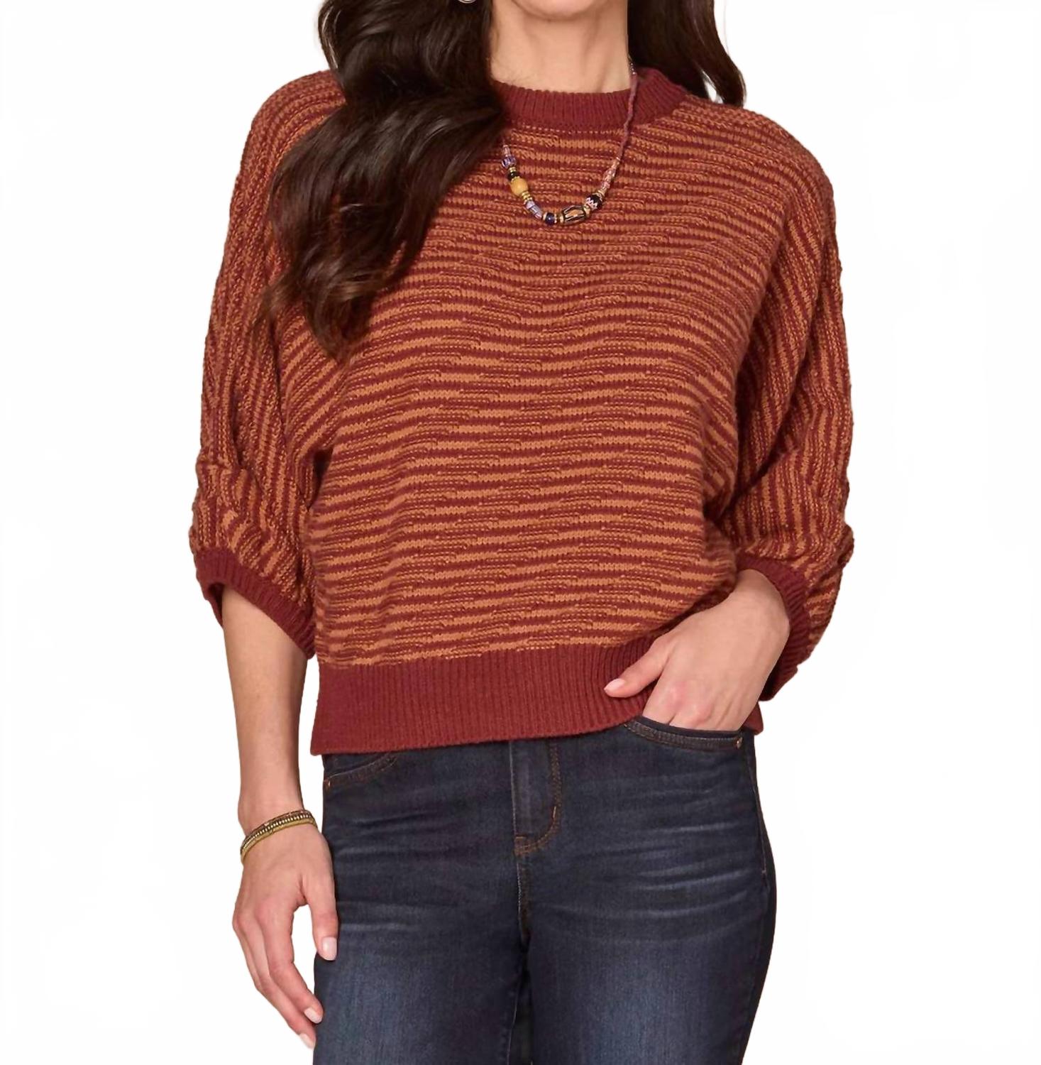 3/4 Dolman Sleeve Banded Hem Bias Stitch Sweater In Brown