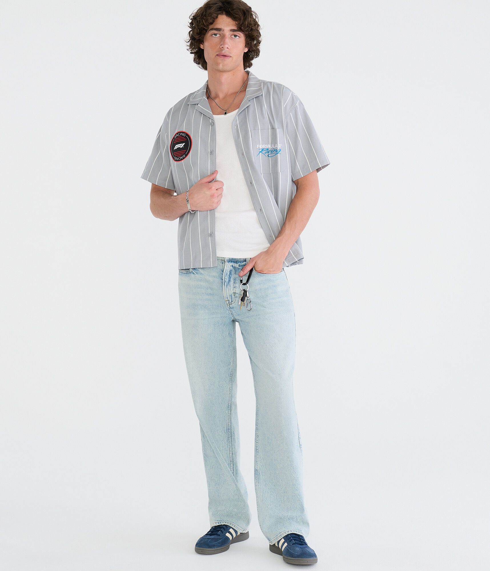 Aeropostale Formula 1 Racing Striped Boxy Mechanic Shirt