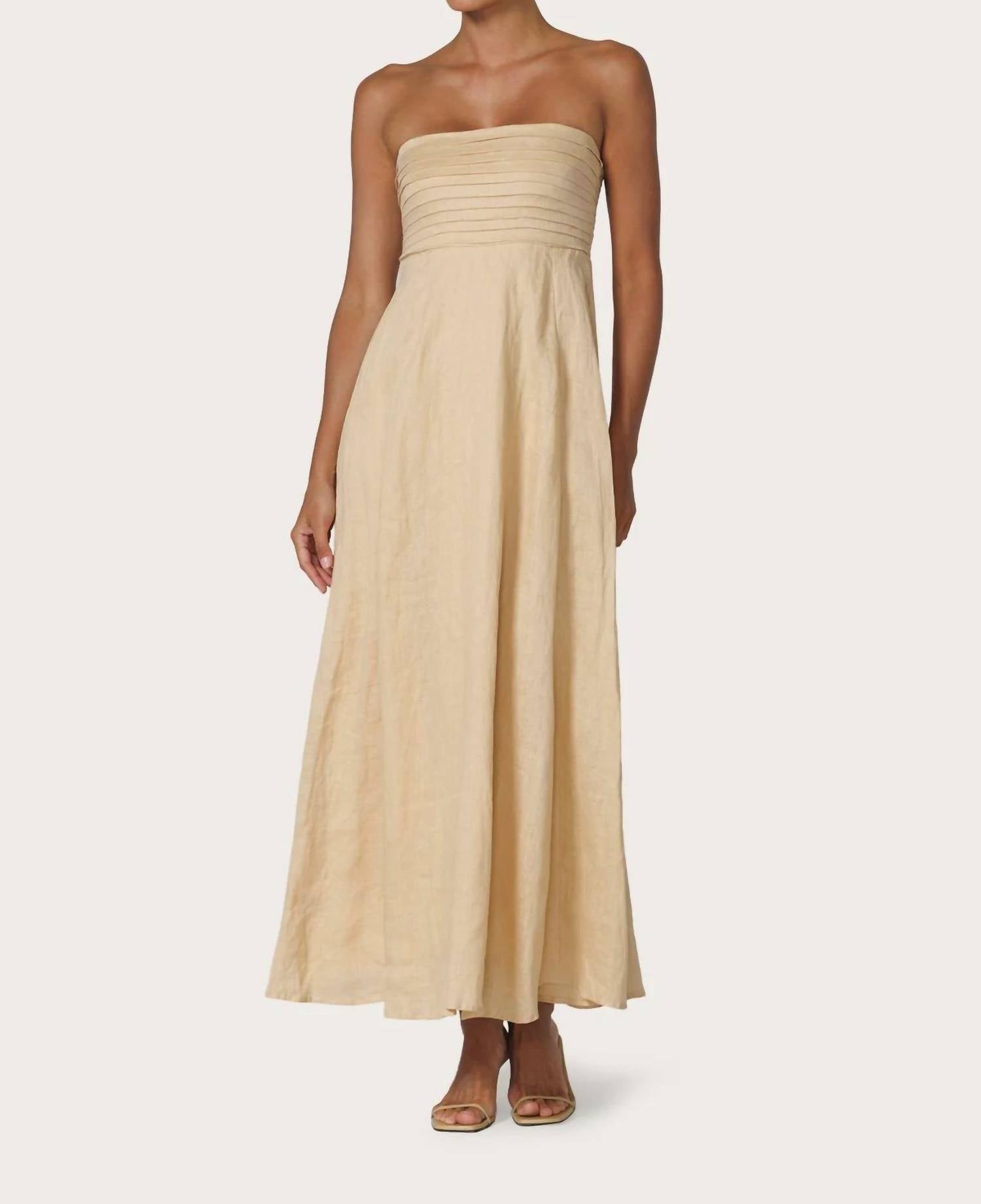 Talia Pintuck Linen Maxi Dress In Champange