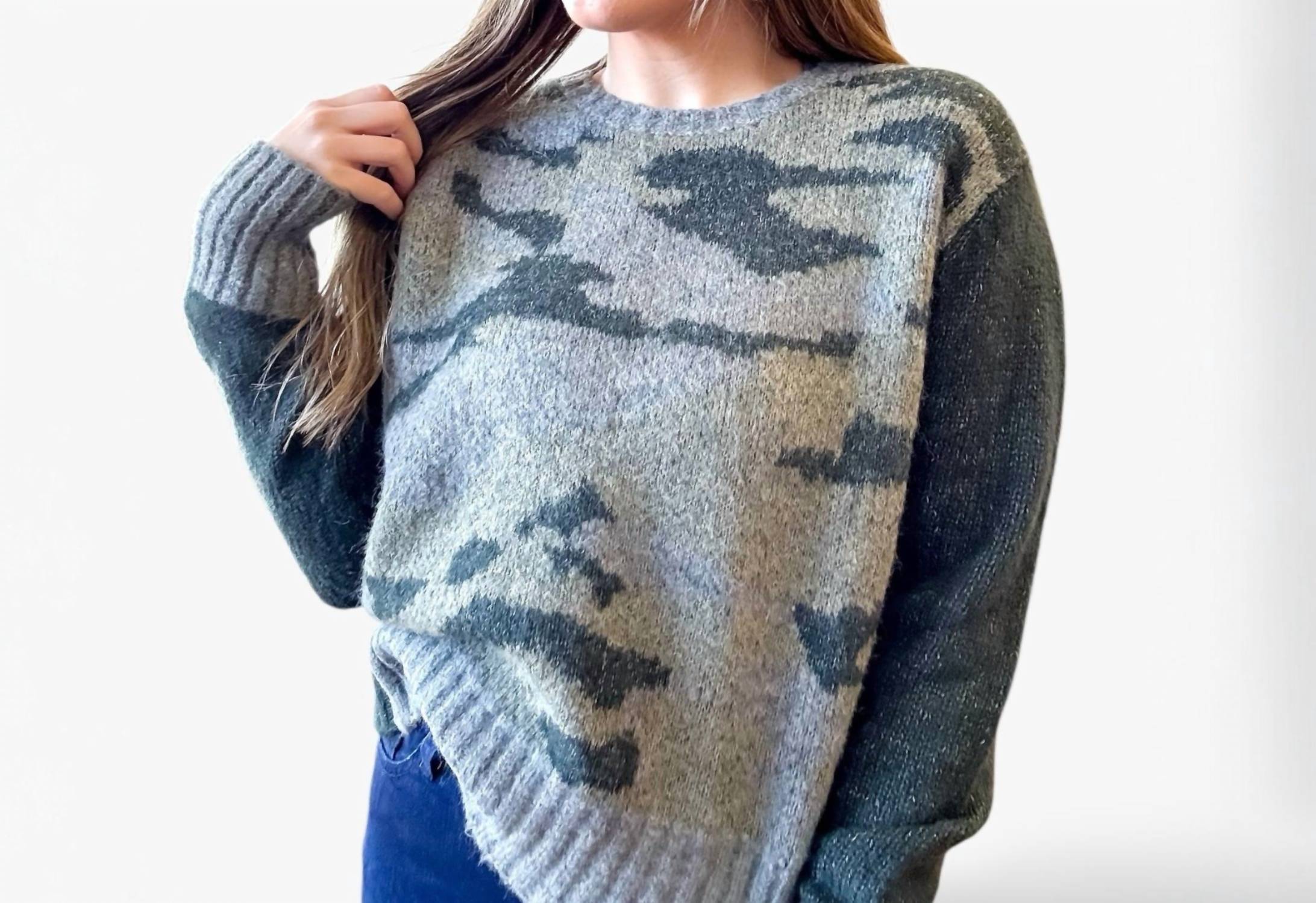 Camo Contrast Knit Sweater In Gray/blue