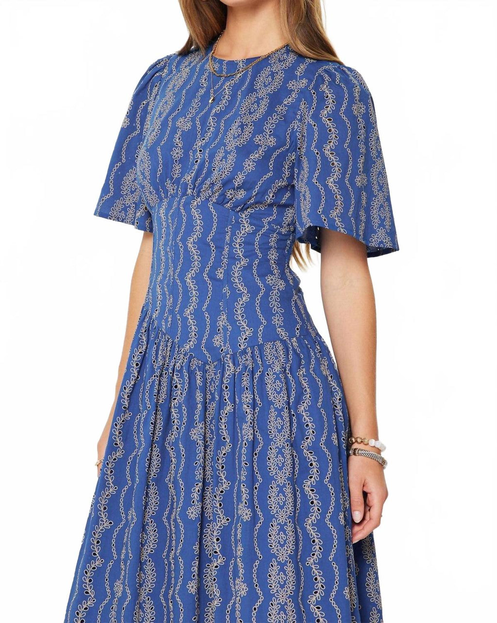 Embroidered Half Sleeve Maxi Dress In Blue