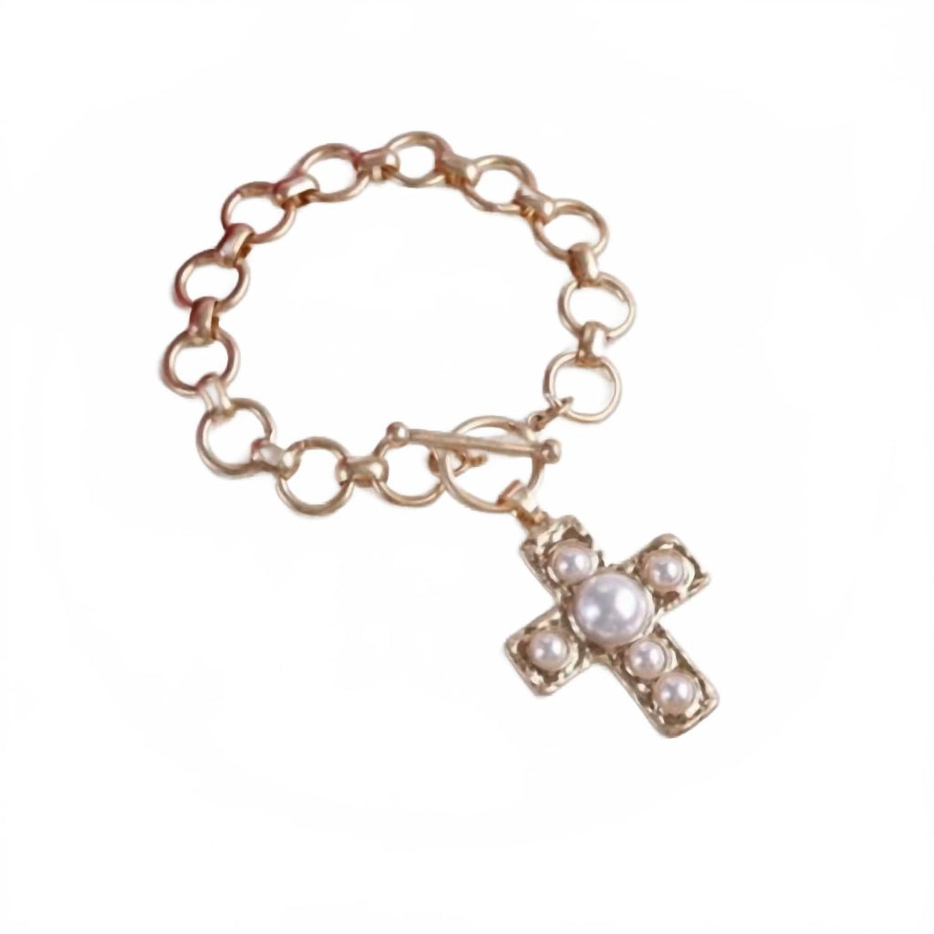 Women's Pearl Cross Charm Toggle Bracelet In Gold