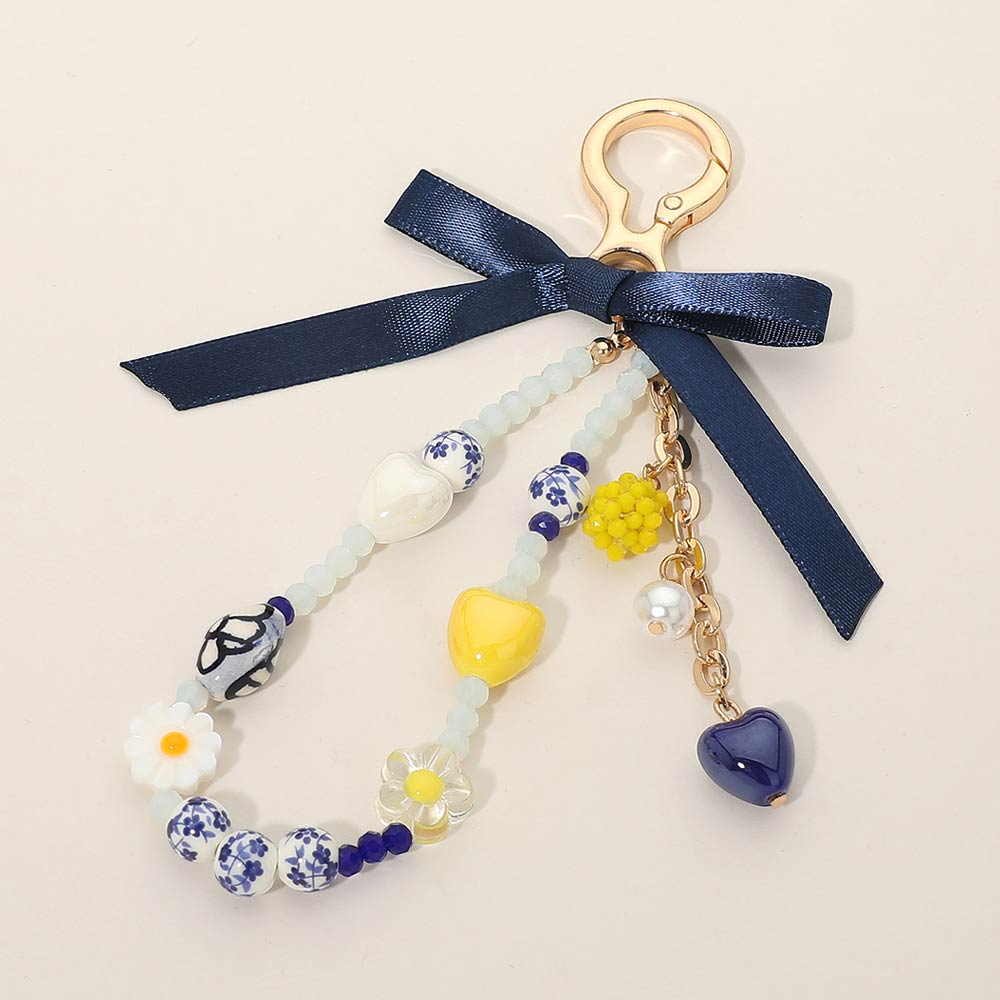 Bow Accent Floral Heart Pearl Ceramic Ball Beaded Keychain Bag Charm