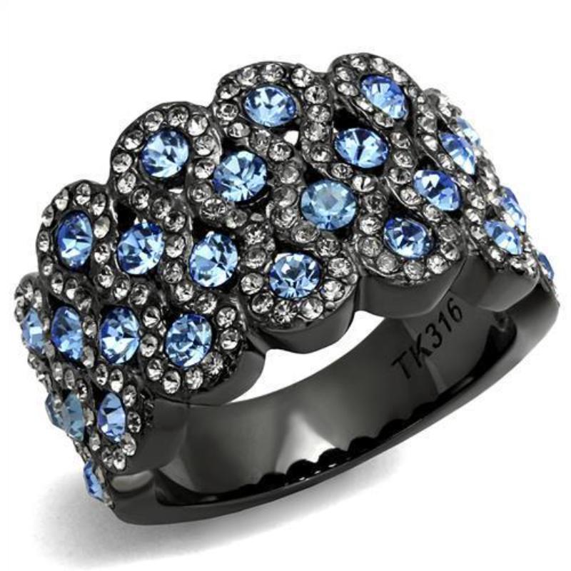 IP Light Black Stainless Steel Ring with Top Grade Crystal in Light Sapphire