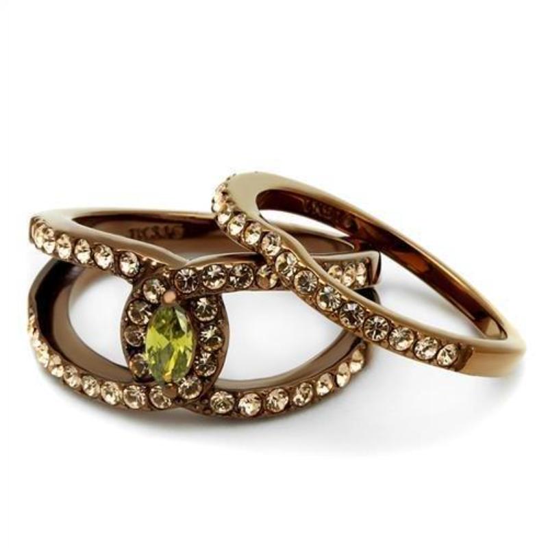 IP Coffee light Stainless Steel Ring with AAA Grade CZ in Olivine color