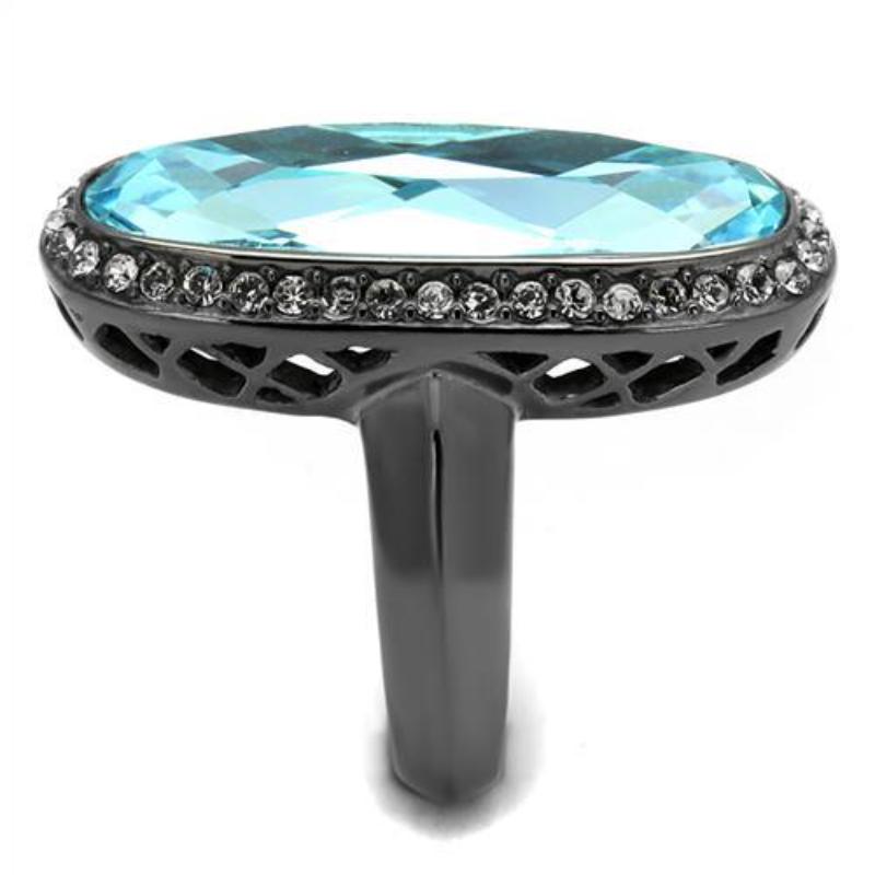 IP Light Black Stainless Steel Ring with Top Grade Crystal in Sea Blue