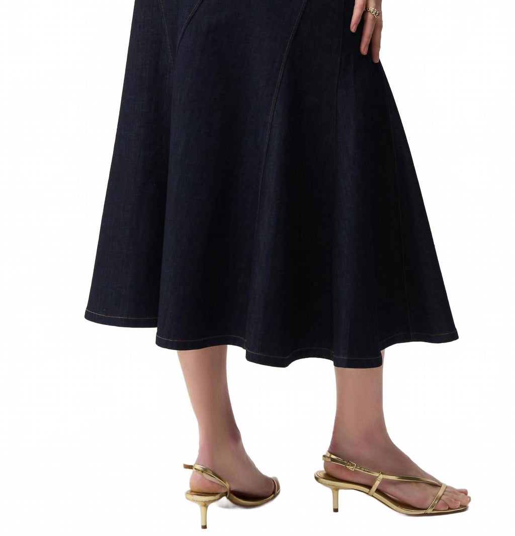 Denim Flare Skirt With Exposed Zipper In Dark Blue