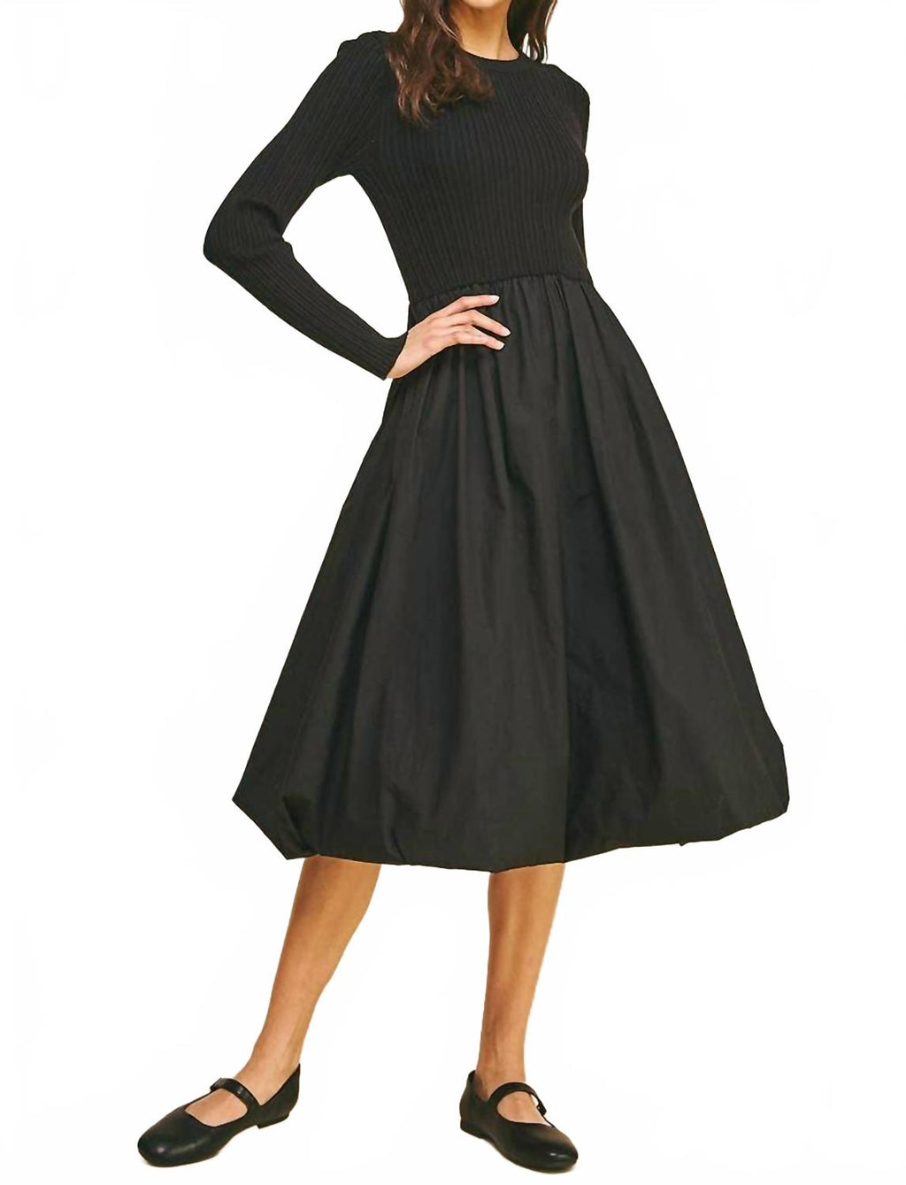 Contrast Balloon Midi Dress In Black