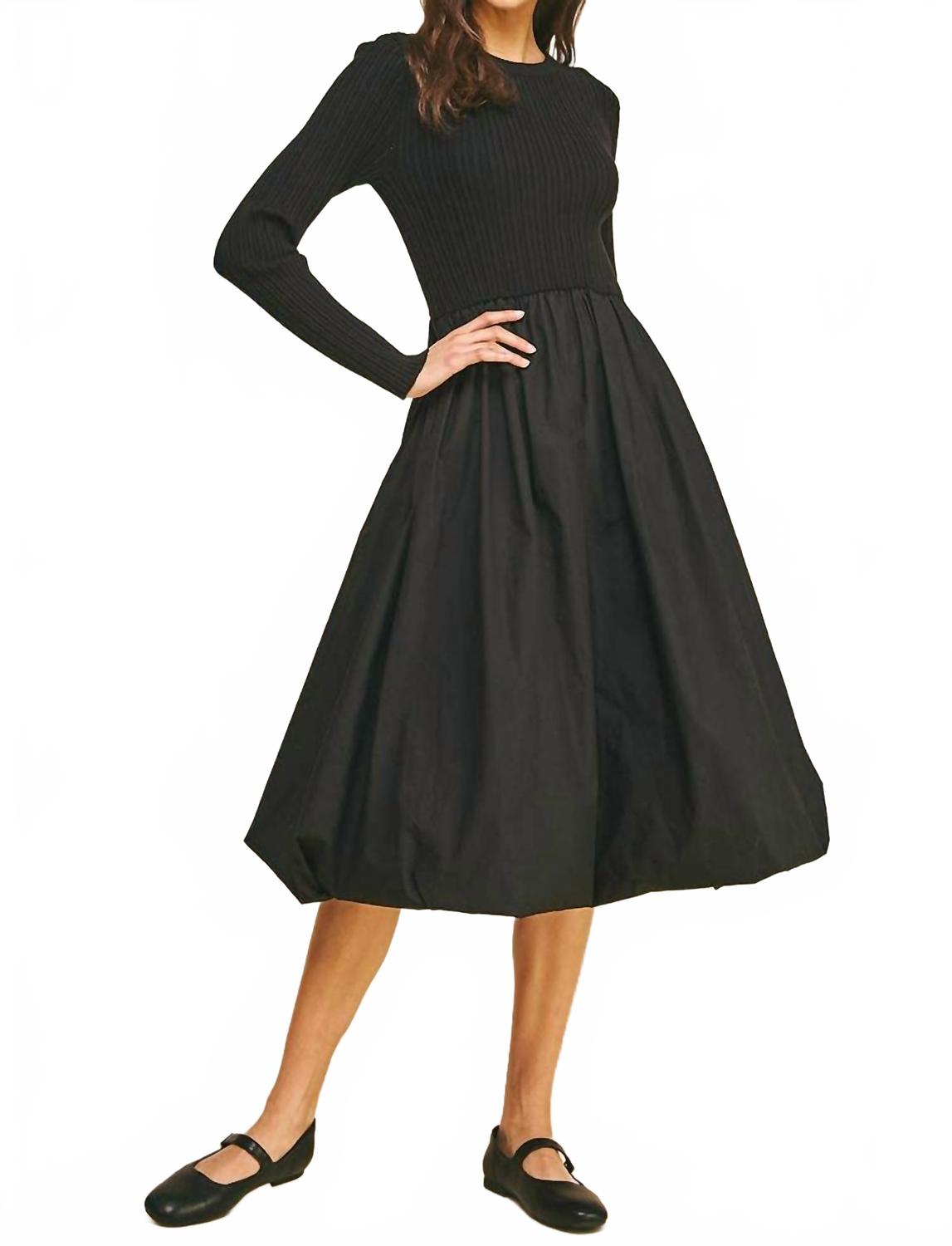 Contrast Balloon Midi Dress In Black