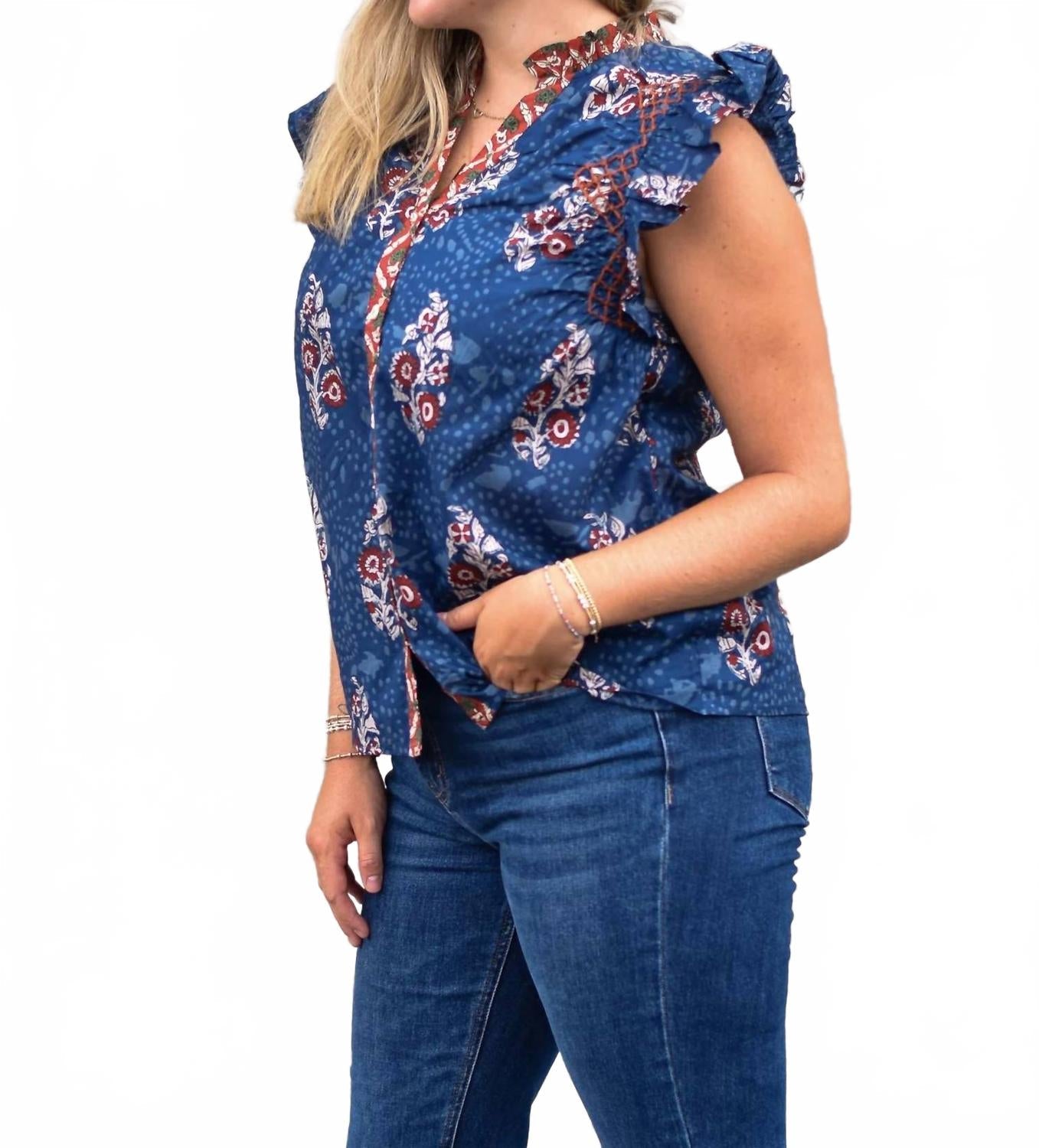 Flutter Sleeve Floral Print V Neck Top In Navy