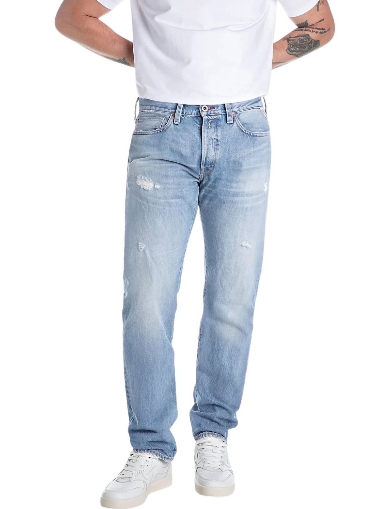 Distressed Denim Straight Jeans In Light Blue
