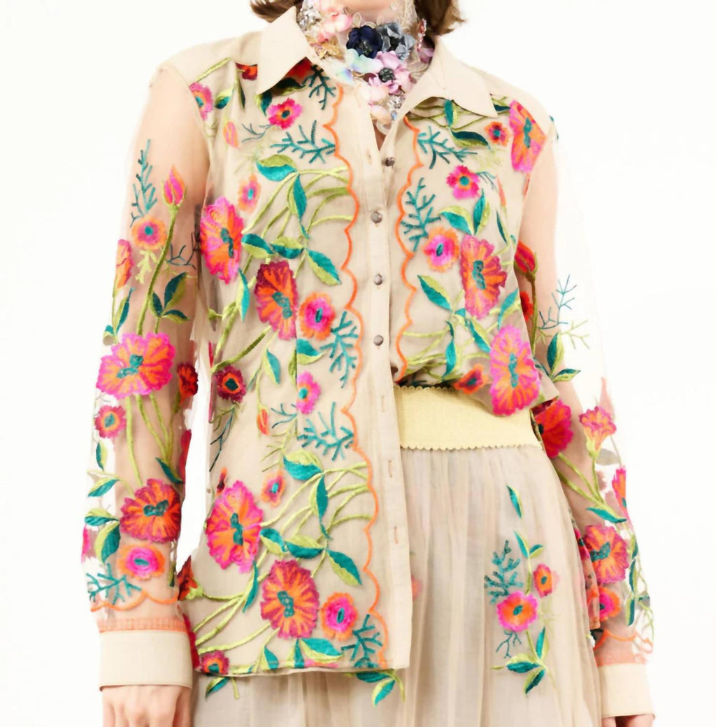 Vintage Floral Embroidered Shirt In Beige Tulip