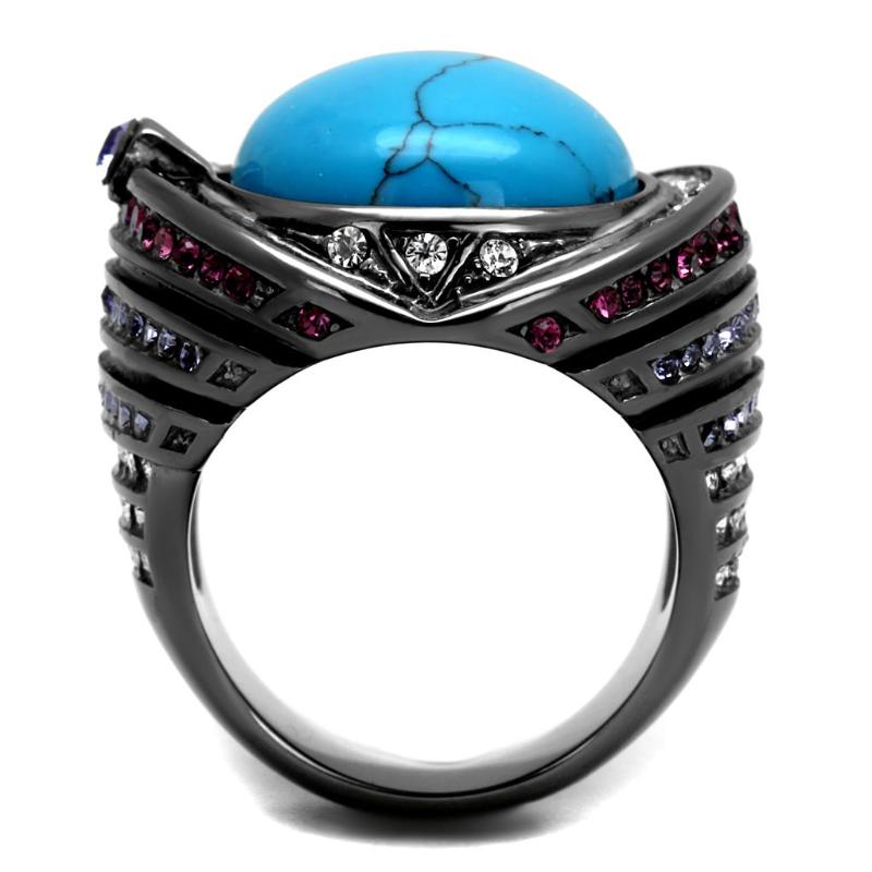 IP Light Black Stainless Steel Ring with Synthetic Turquoise in Sea Blue