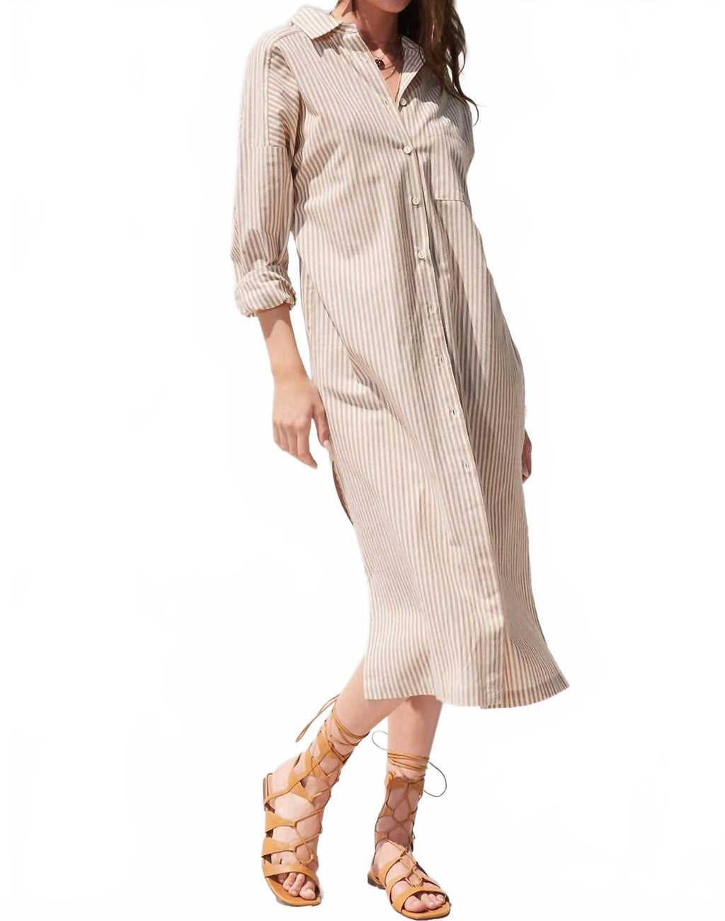 Stripe Midi Shirt Dress In Taupe