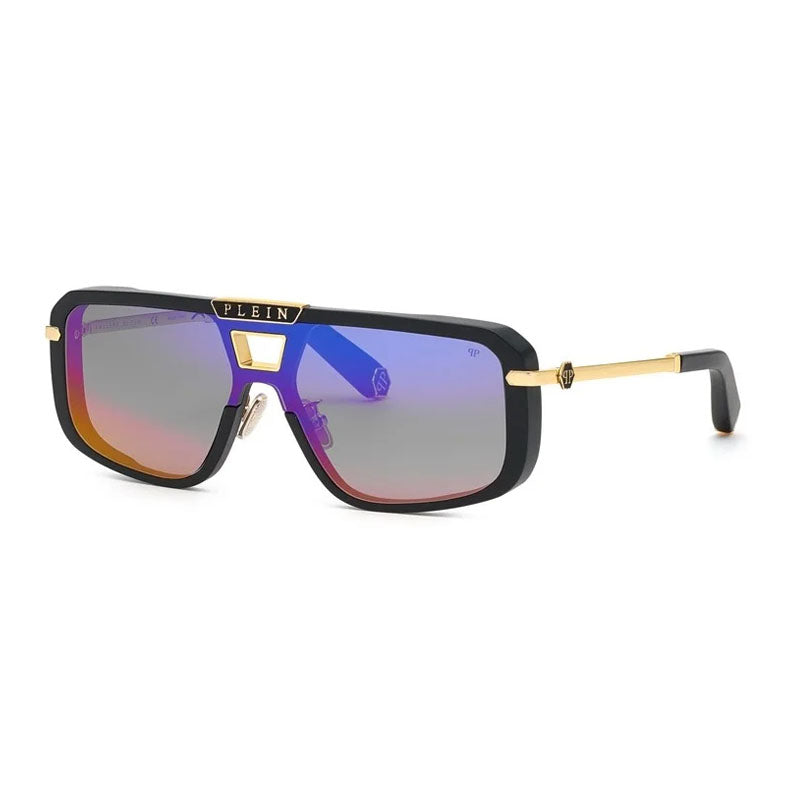Philipp Plein Sunglasses Aviator Full Rim, Black Frame And Smoke Rainbow Mirror Lens Spp008M703V