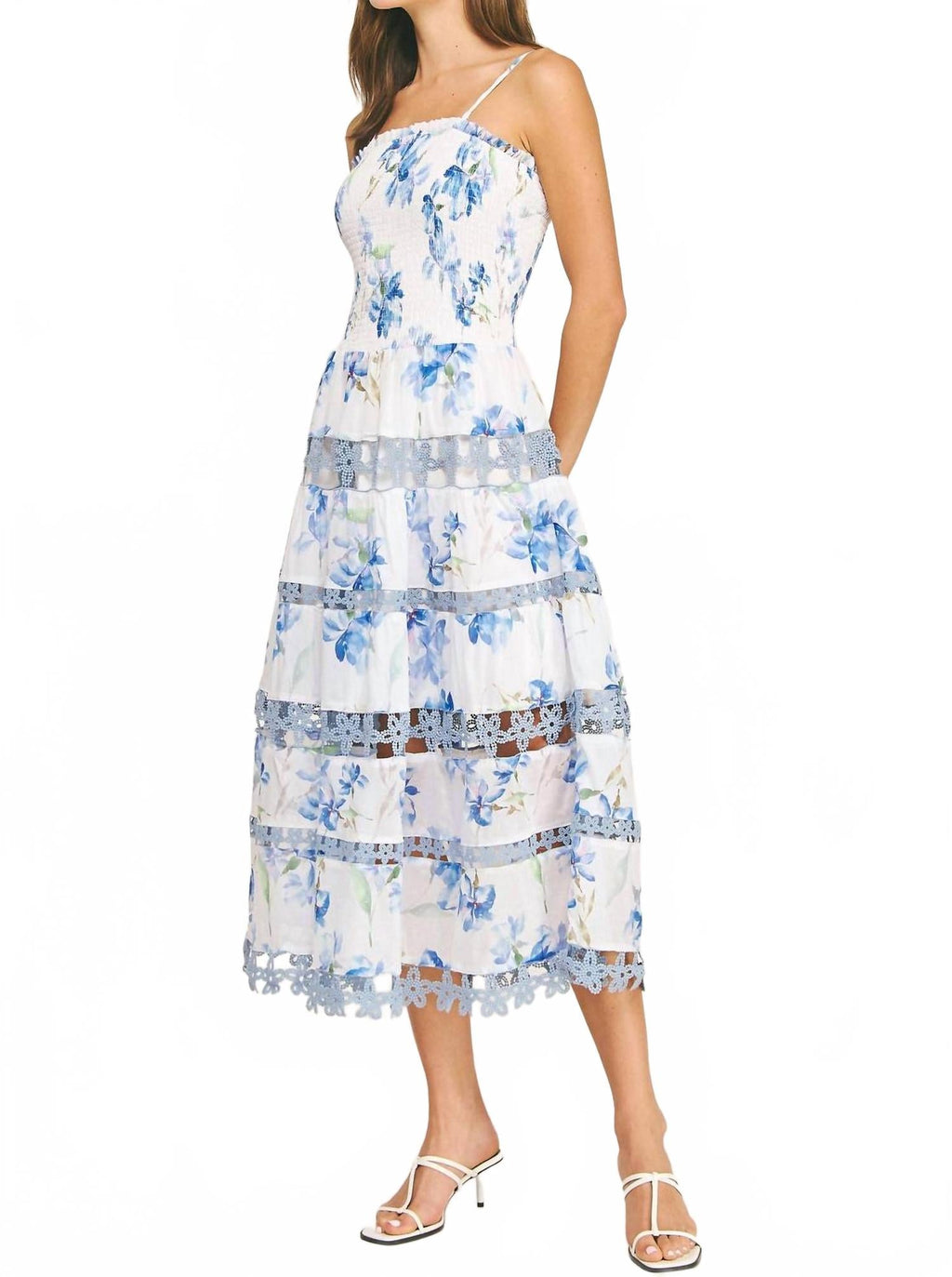 Floral Print Smocked Lace Trim Midi Dress In Blue Multi