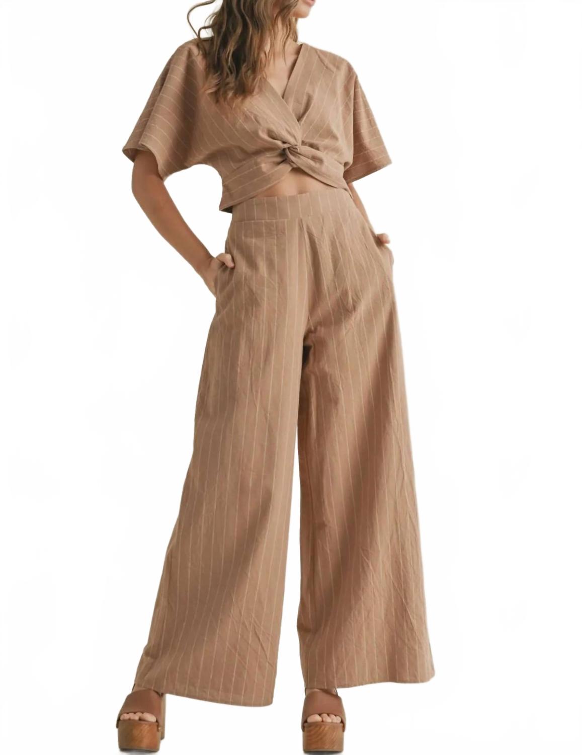 Stripe Pattern Twisted Front Top In Straw/white