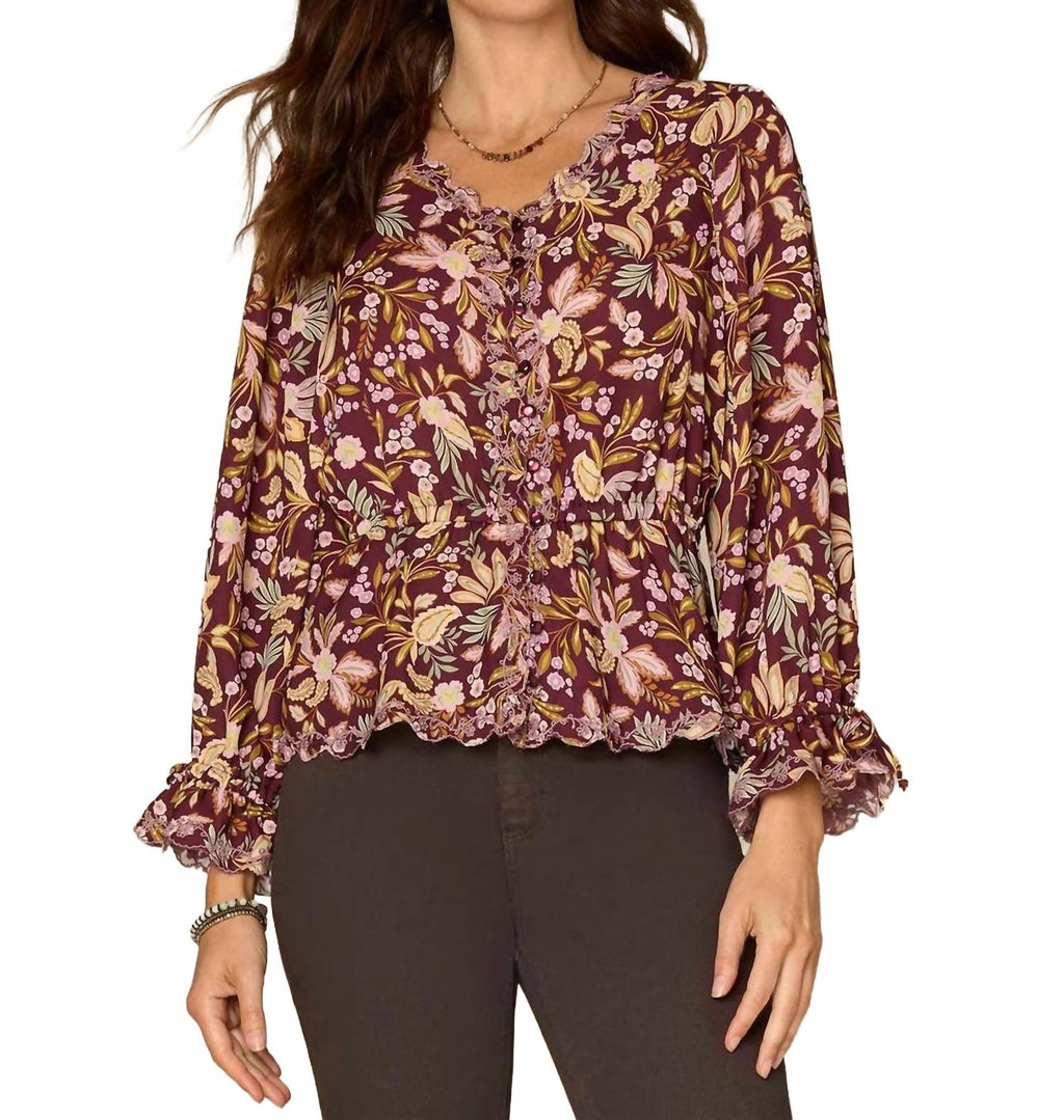 Long Tie Sleeve V-Neck Printed Woven Top In Floral