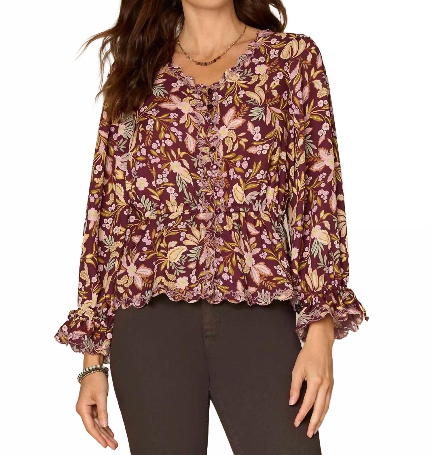 Long Tie Sleeve V-Neck Printed Woven Top In Floral
