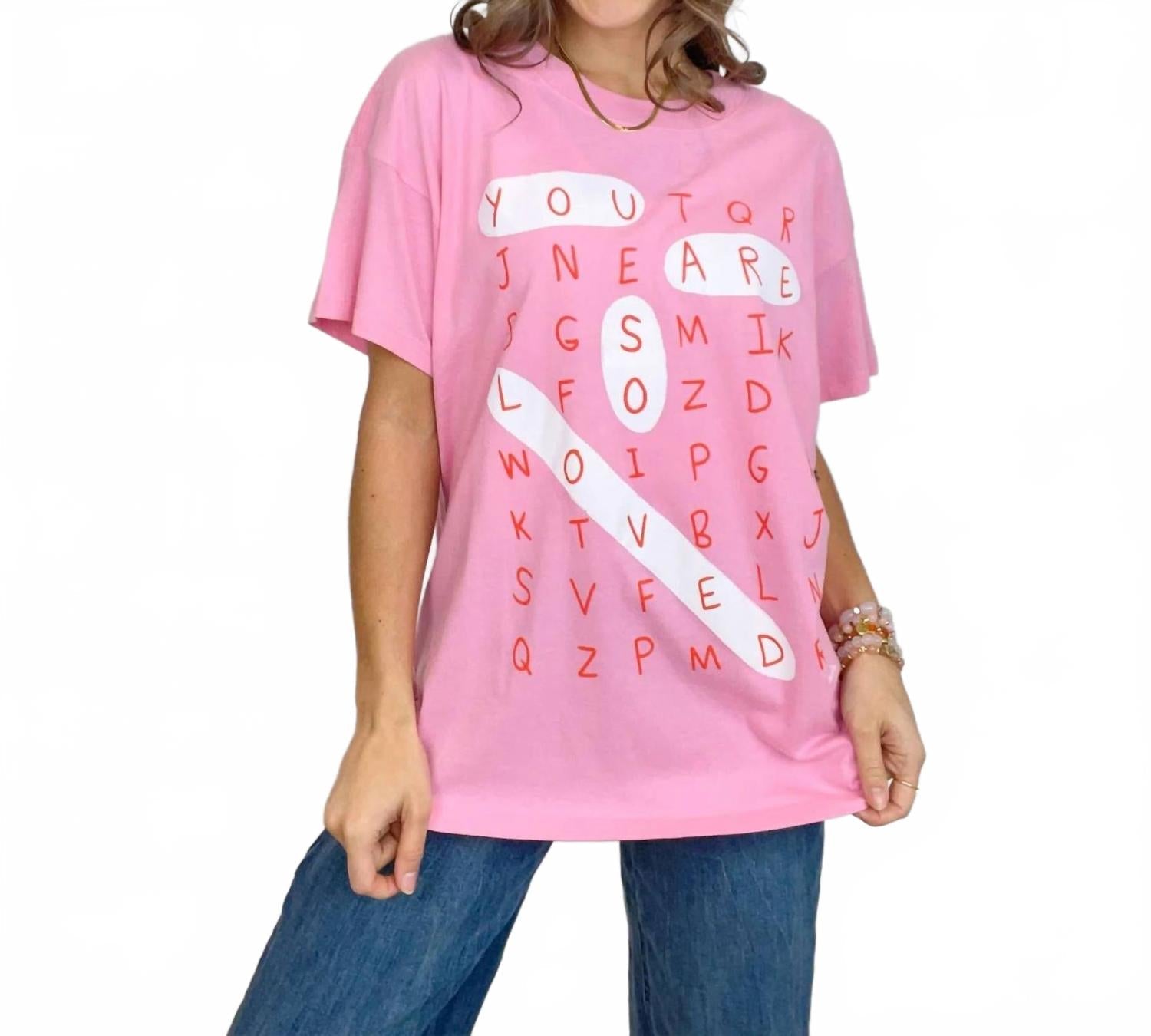 Crossword Puzzle Graphic Short Sleeve Crew Neck Tee In Pink