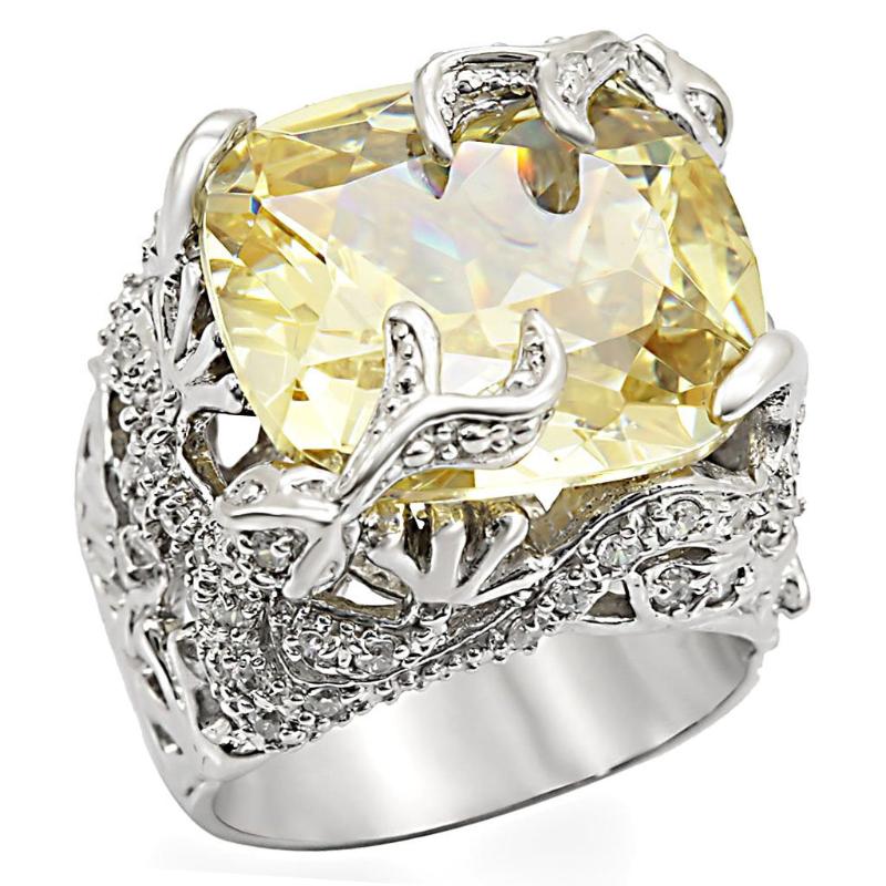 Rhodium 925 Sterling Silver Ring with AAA Grade CZ in Citrine Yellow