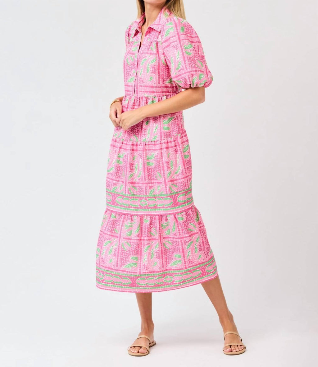 Eloise Tiered Midi Dress In Trellis Tiles Pink