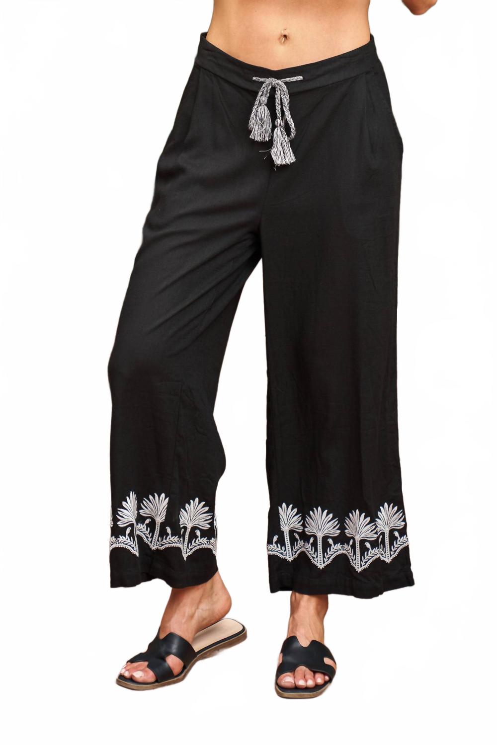 Embroidered Linen Crop Pant In Black