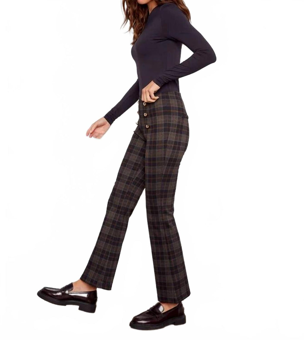 Flare Plaid Pants With Decorative Buttons In Roman
