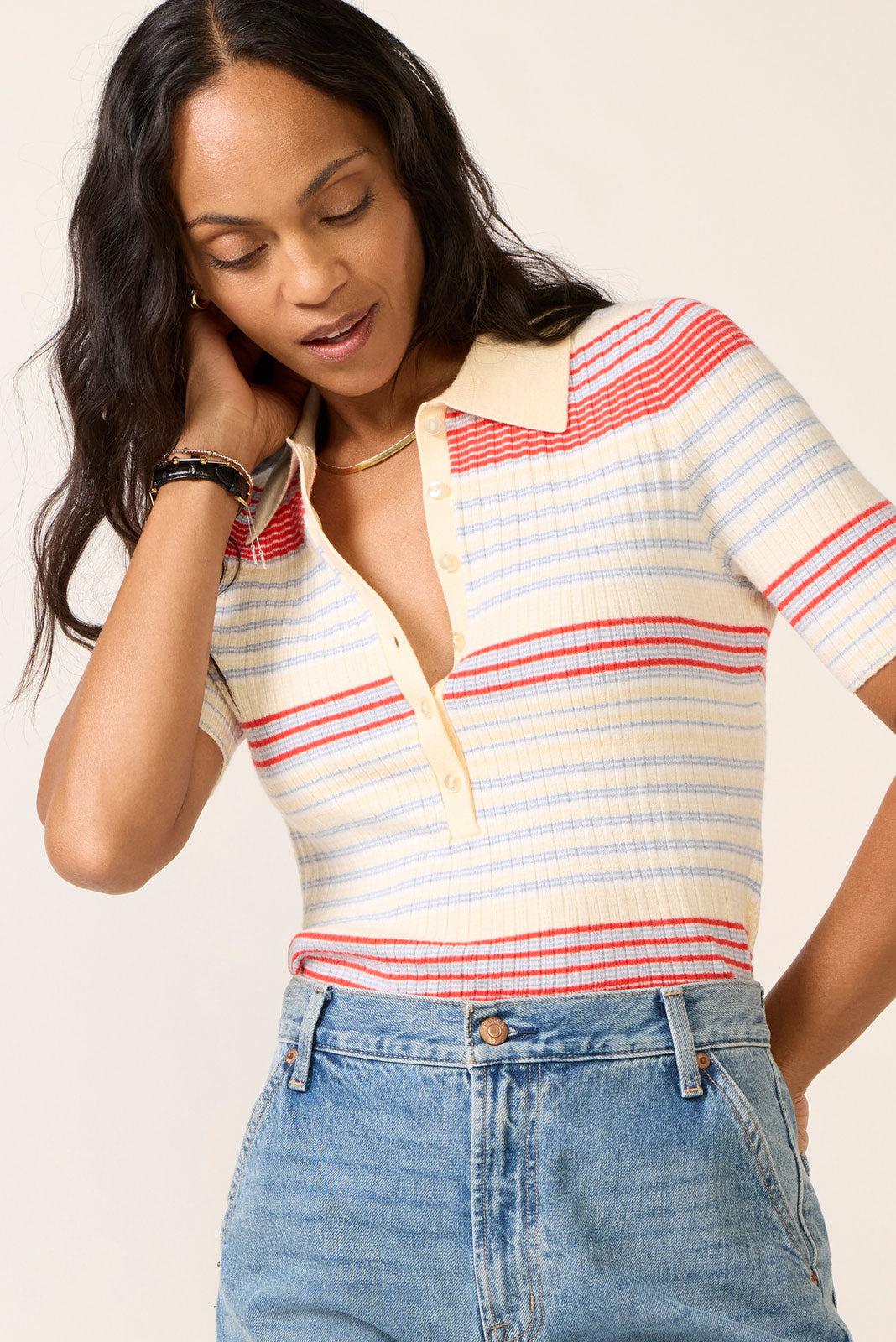 Women's Giselle Textured Striped Polo Top