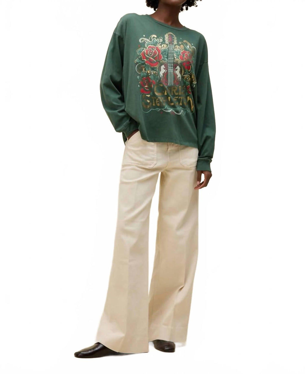 Chris Stapleton Guitar & Roses Long Sleeve Top In Deep Green