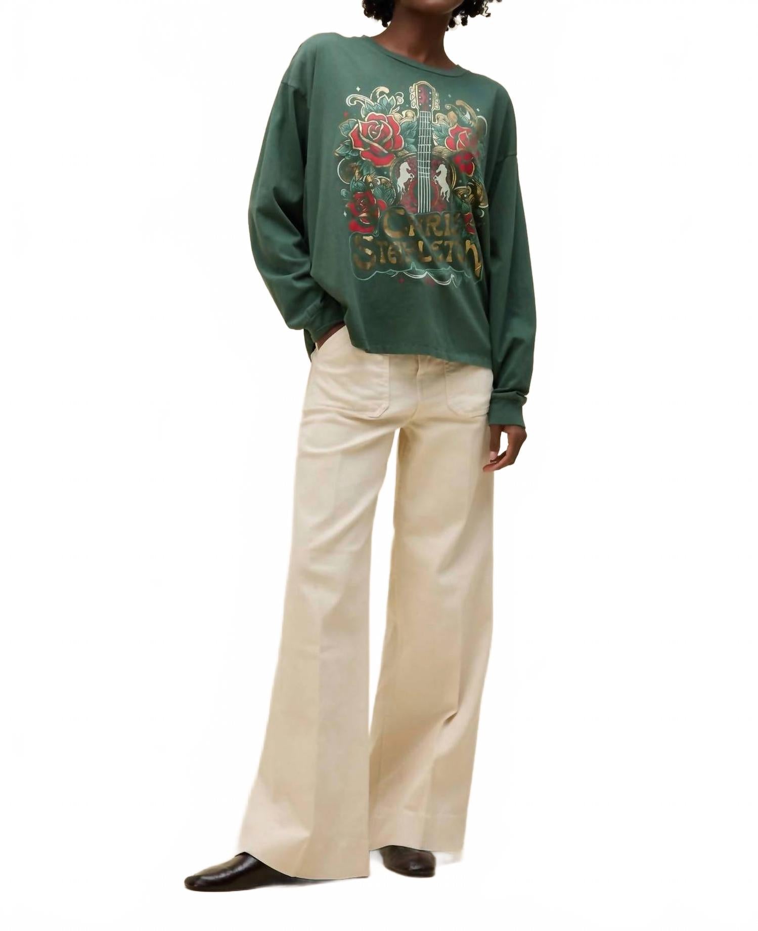 Chris Stapleton Guitar & Roses Long Sleeve Top In Deep Green