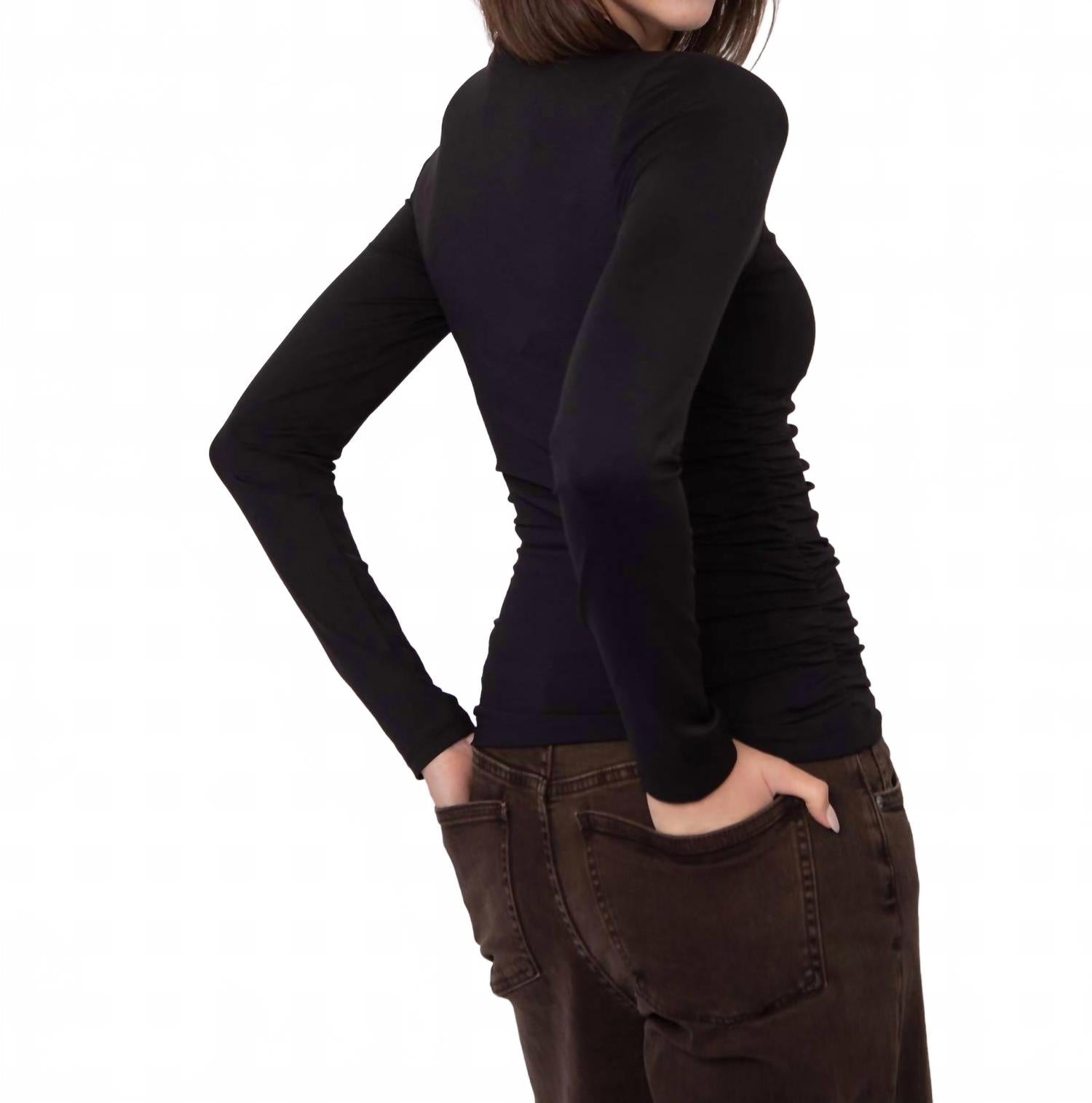 Funnel Neck Ruched Top In Black