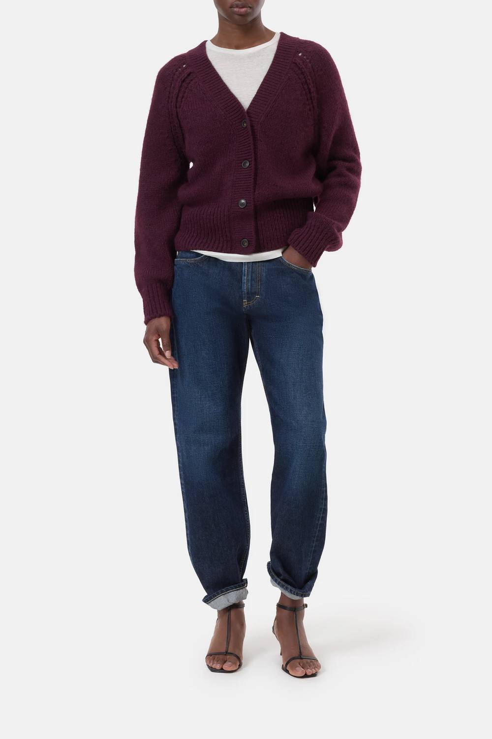 Chunky Knit Waisted Cardigan In Dark Raisin Red