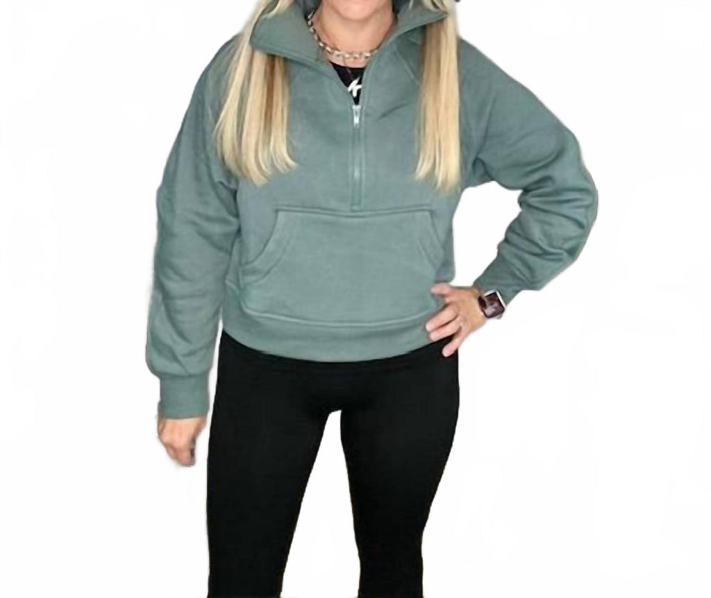 Fleece Half Zip Kangaroo Pocket Sweatshirt Top In Green