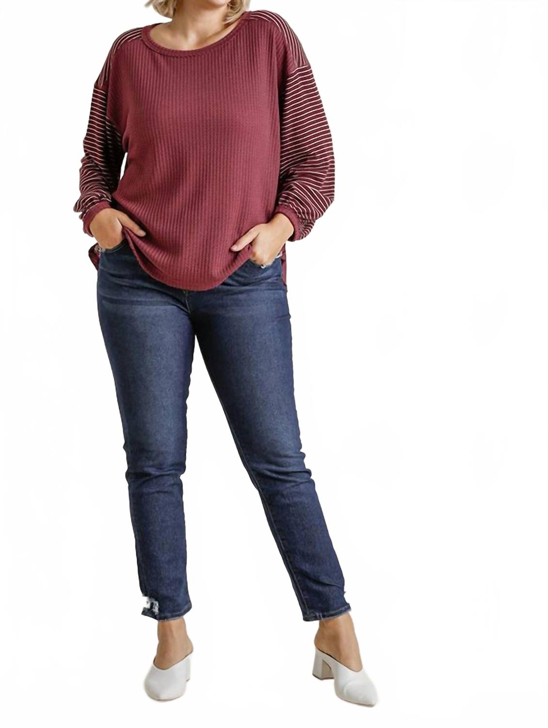 Ribbed Sleeve Top In A Waffle Knit With High Low Hem - Plus In Berry Striped