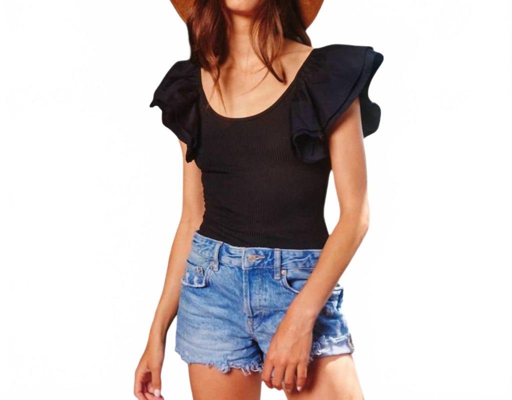 Ruffle Shoulder Ribbed Bodysuit In Black
