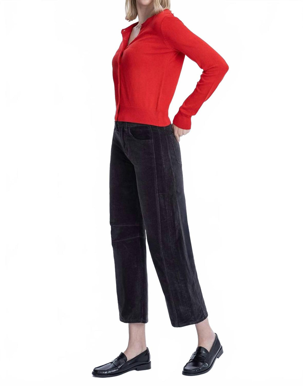 High Rise Crop Corduroy Barrel Jeans In Dark Gray