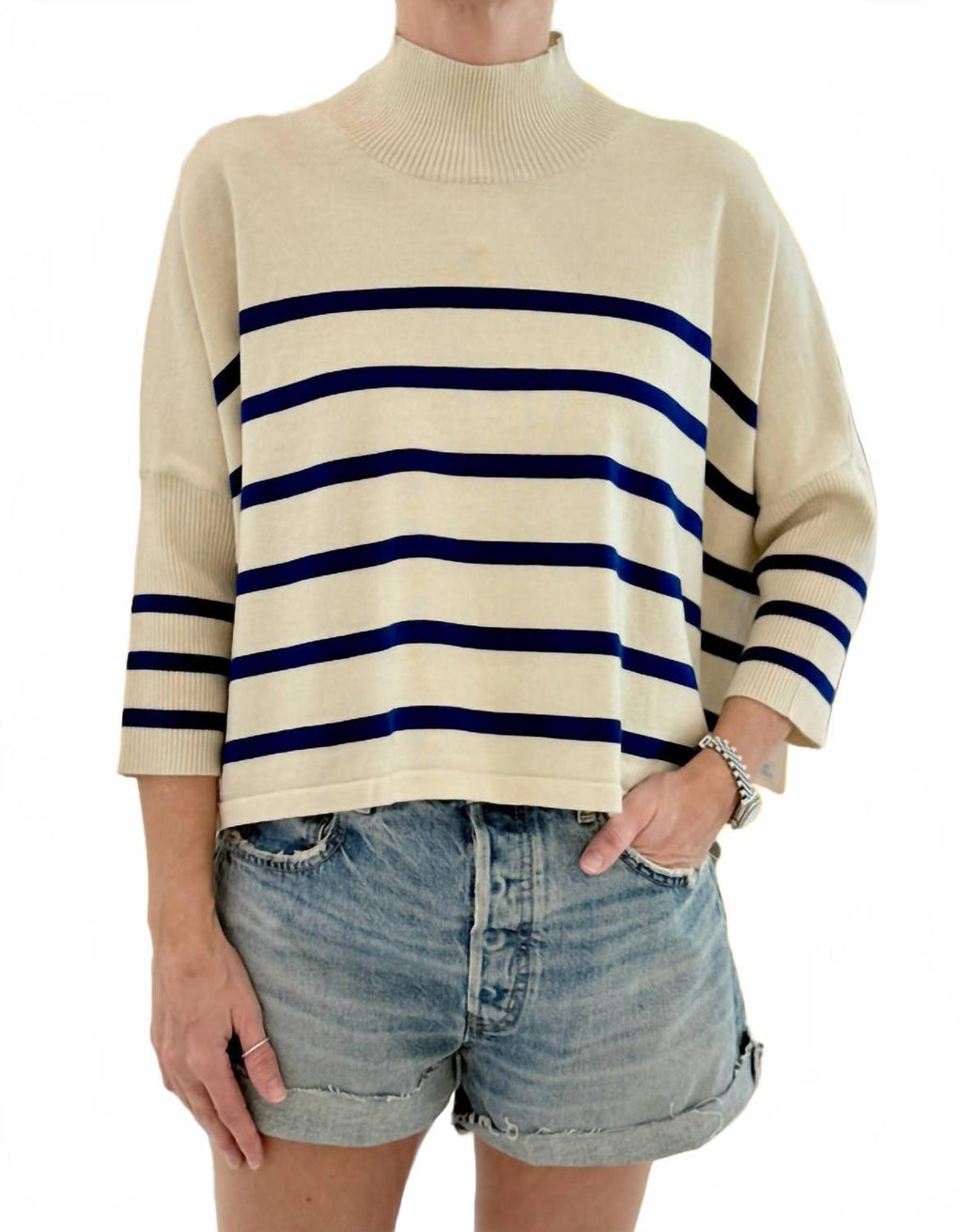 Aja Stripe Sweater In Ecru Navy