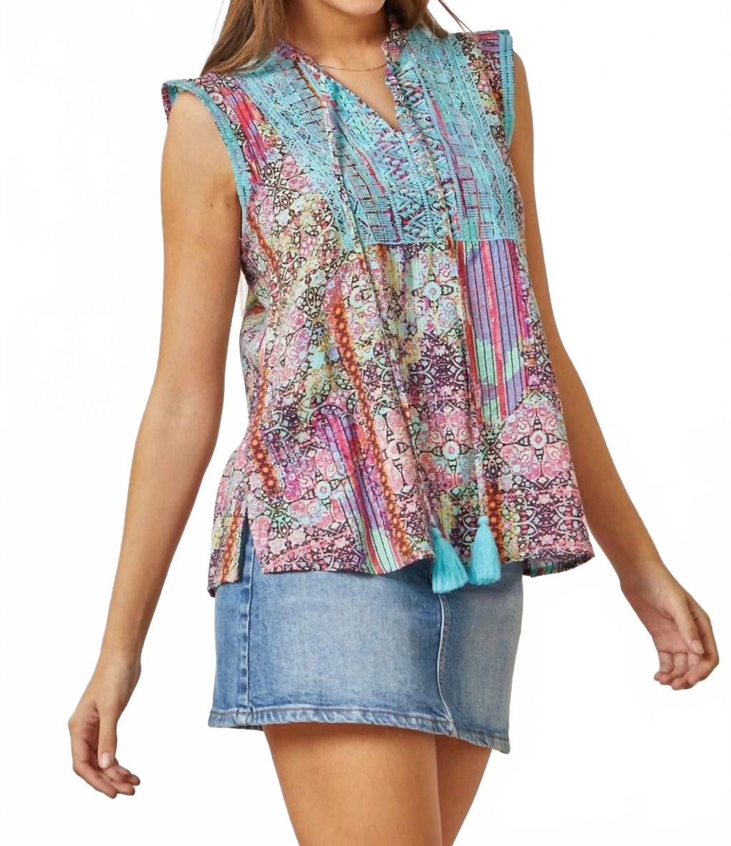 Patchwork Embroidered Cap Sleeve Top In Multi
